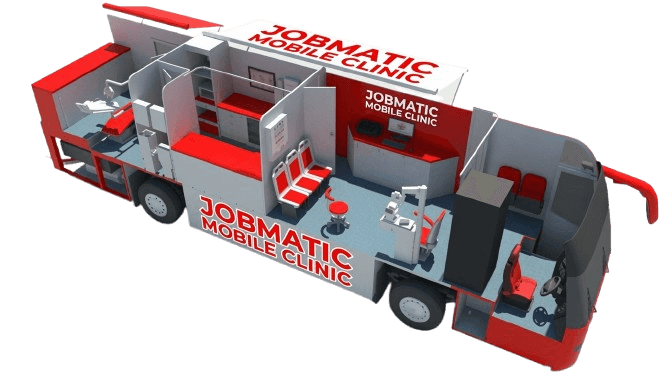 Jobmatic Mobile Clinic unit parked in a community, with healthcare workers providing on-site care to residents